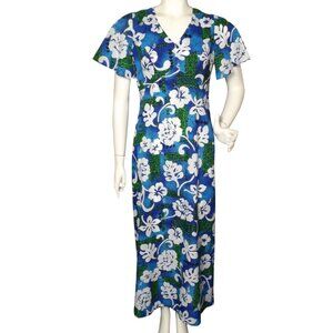 ROYAL HAWAIIAN Maxi Dress, M, Blue/Green, Polyester, Floral, Short sleeve